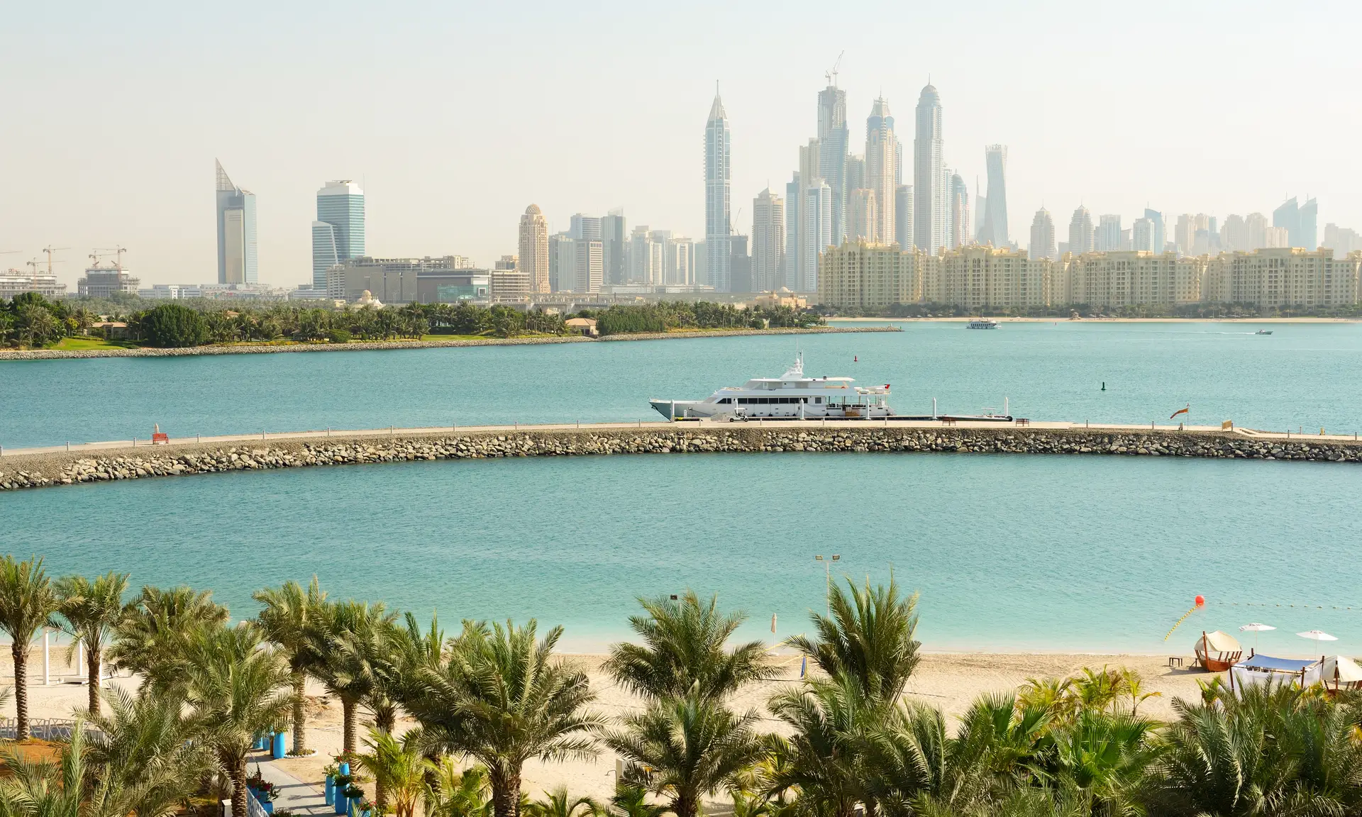 Palm Jumeirah skyline with luxury villas and ocean in Dubai