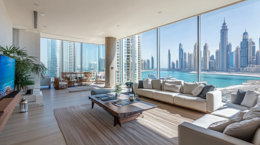 living room with open view of dubai city